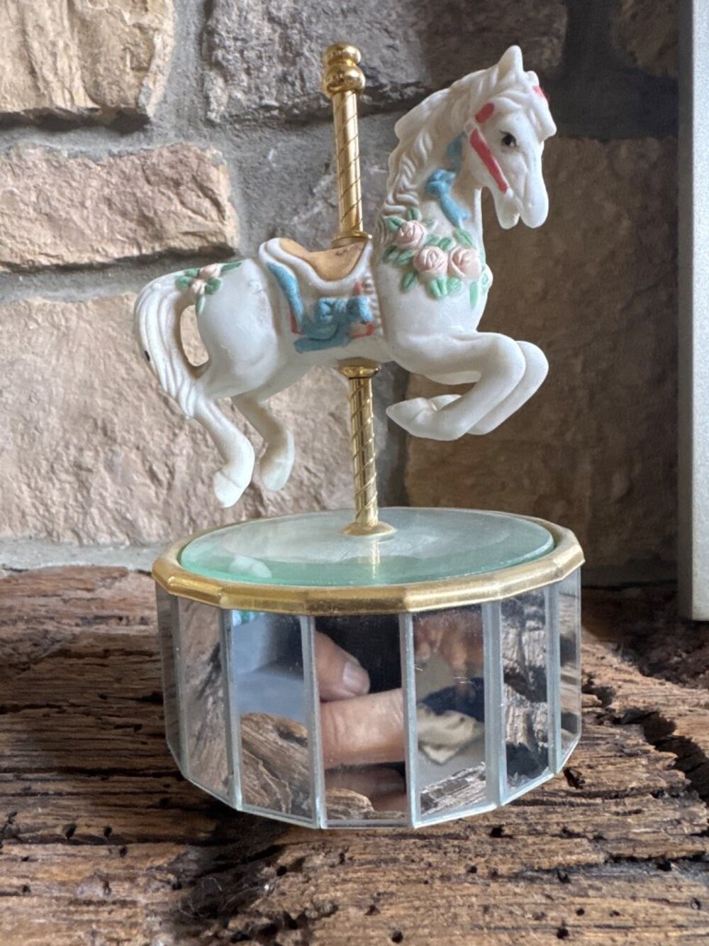 Vintage Carousel Horse Music Box Mirrored Base Hand-Painted Details Floral VIDEO